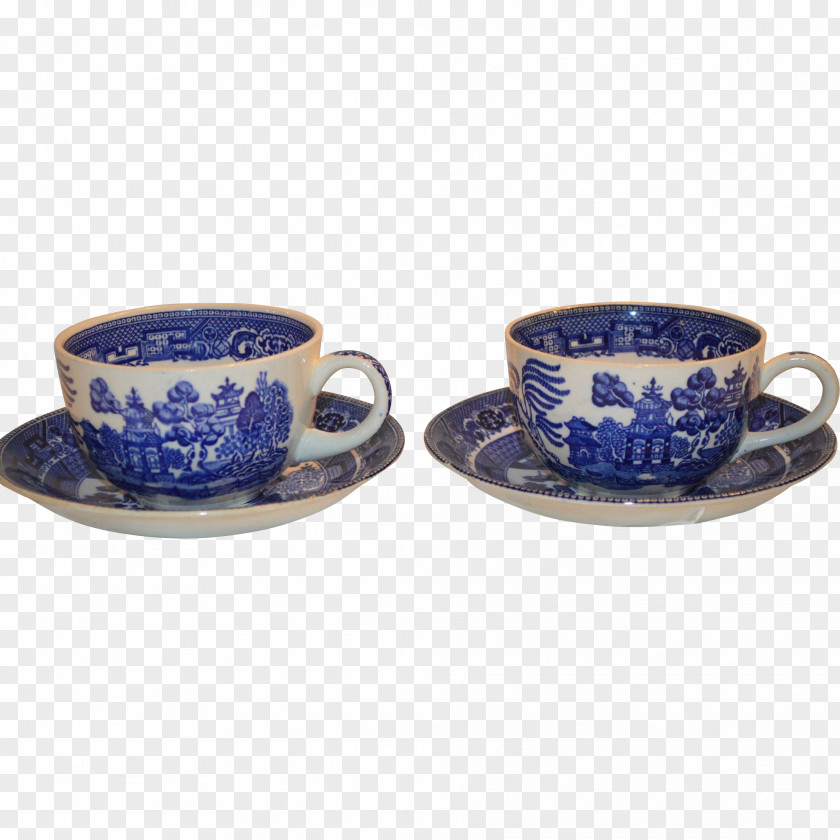 Pottery Coffee Cup Saucer Ceramic Willow Pattern Plate PNG