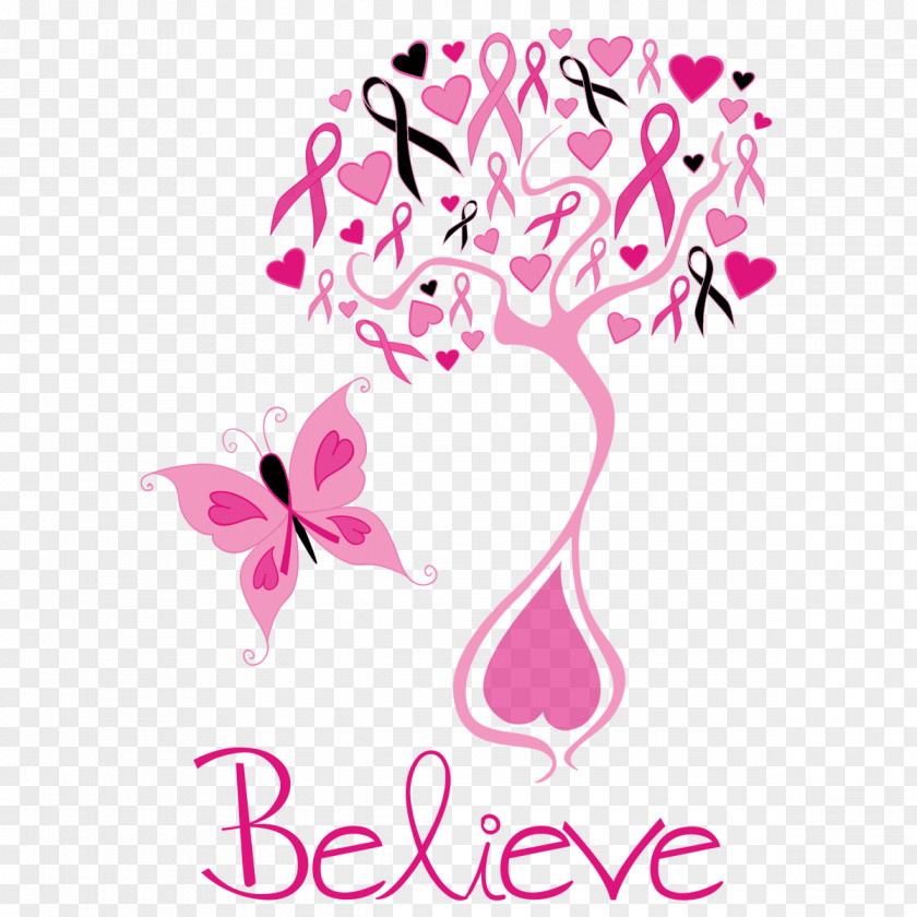 Breast Cancer Awareness Pink Ribbon Poster PNG cancer awareness ribbon Poster, against breast cancer, pink tree with ribbons and butterfly art clipart PNG