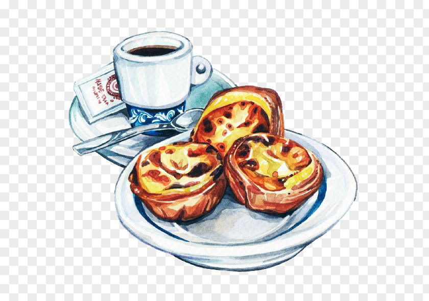 Cartoon Egg Tart Coffee Dim Sum Tea Watercolor Painting PNG