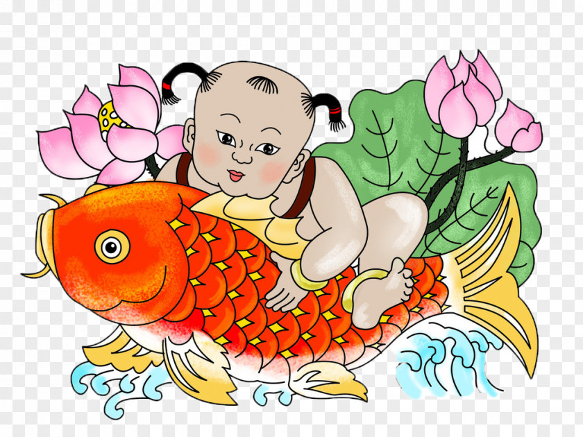 Lotus Carp Pictures Doll New Year Picture Chinese Fuwa Papercutting Illustration PNG