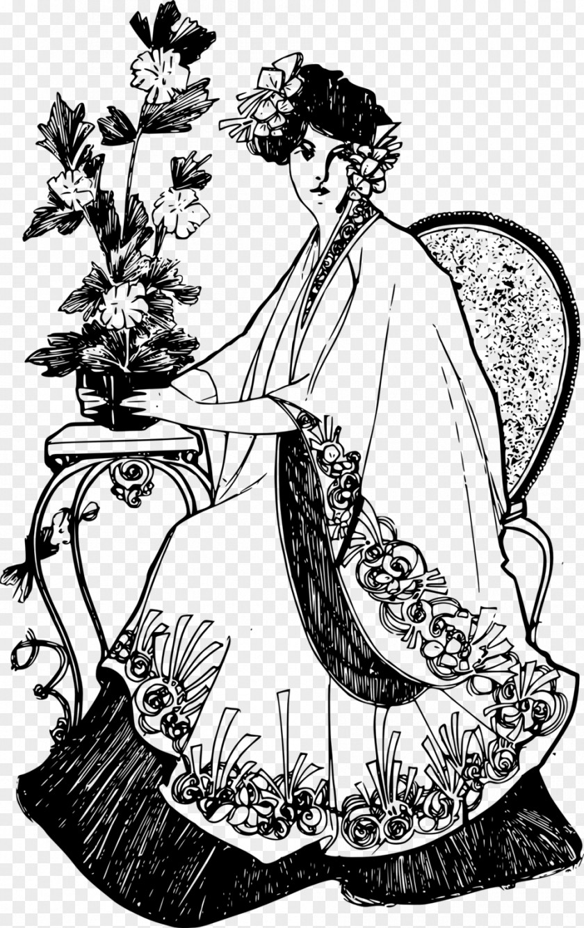 Kimono Flower Black And White Woman Clip Art PNG