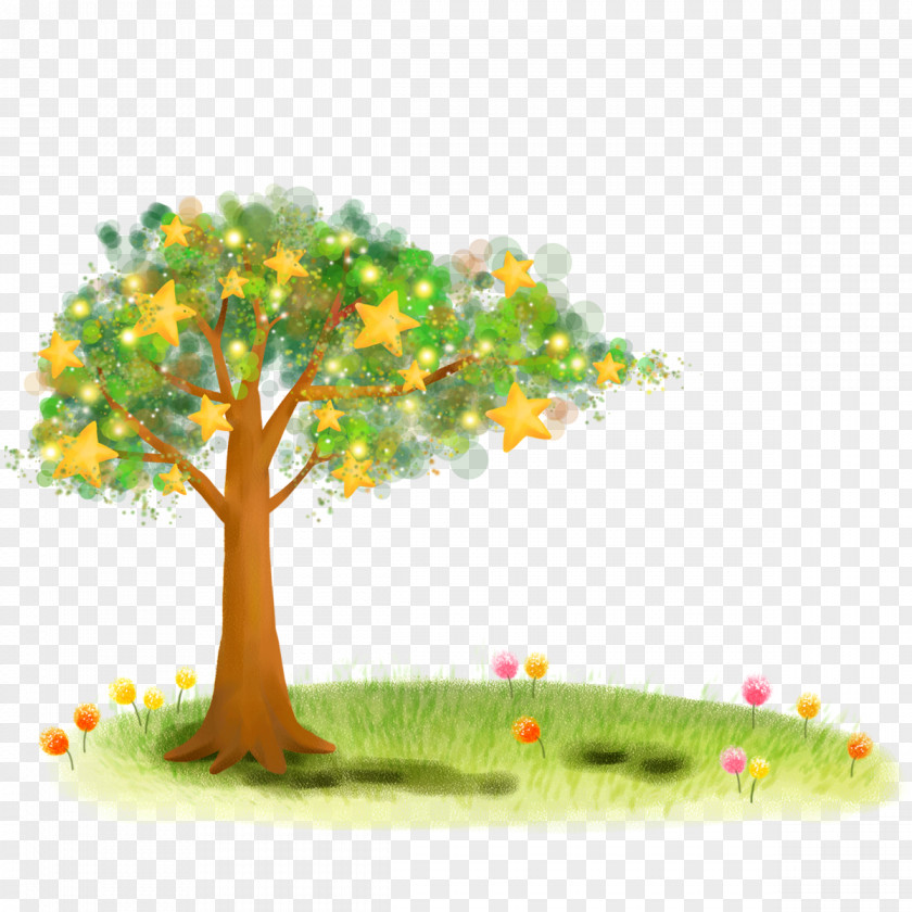 Lush Tree Stars Cartoon Drawing Wallpaper PNG