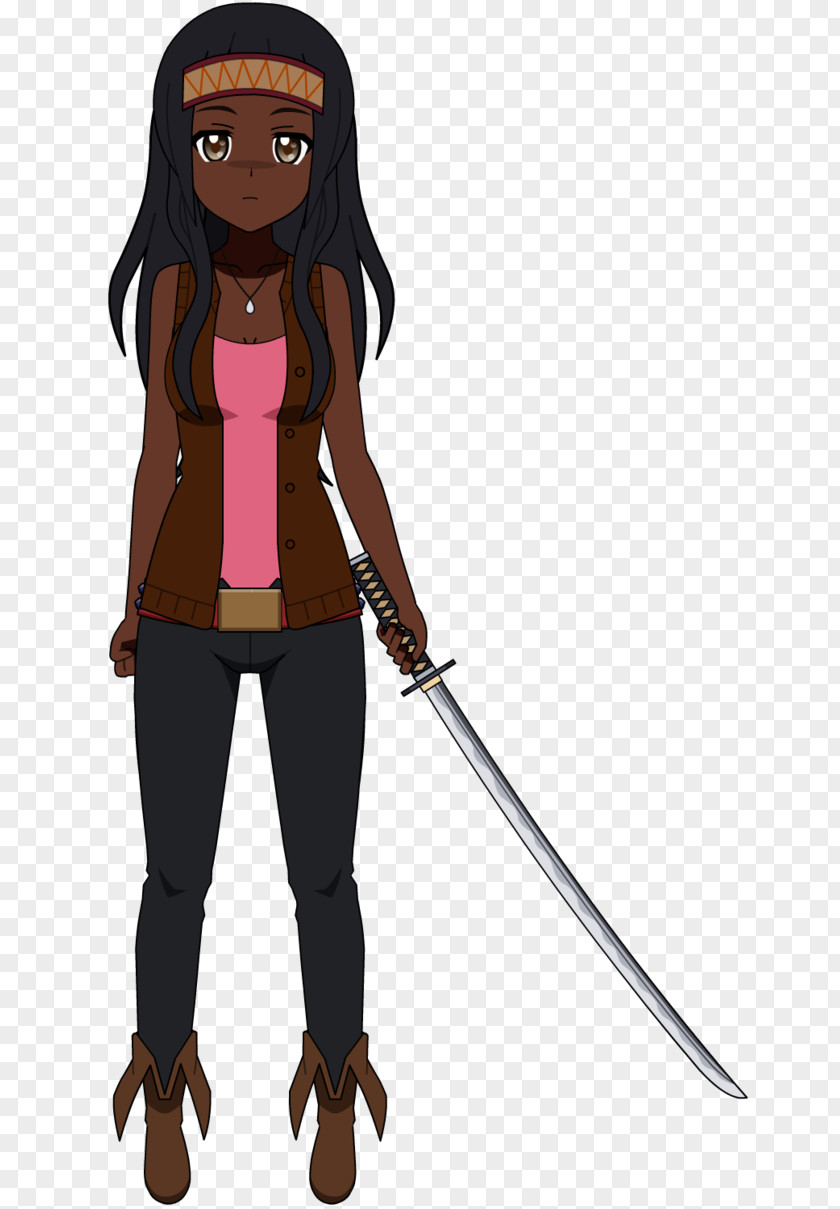 Michonne Brown Hair Cartoon Character Weapon PNG