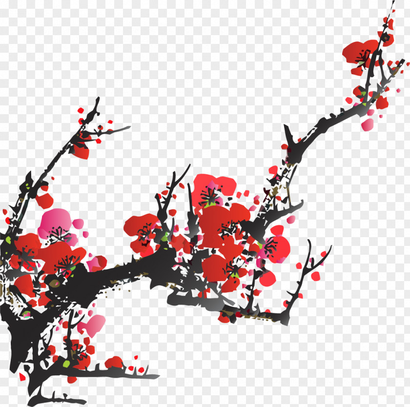 Bright Plum Blossom Ink Wash Painting PNG