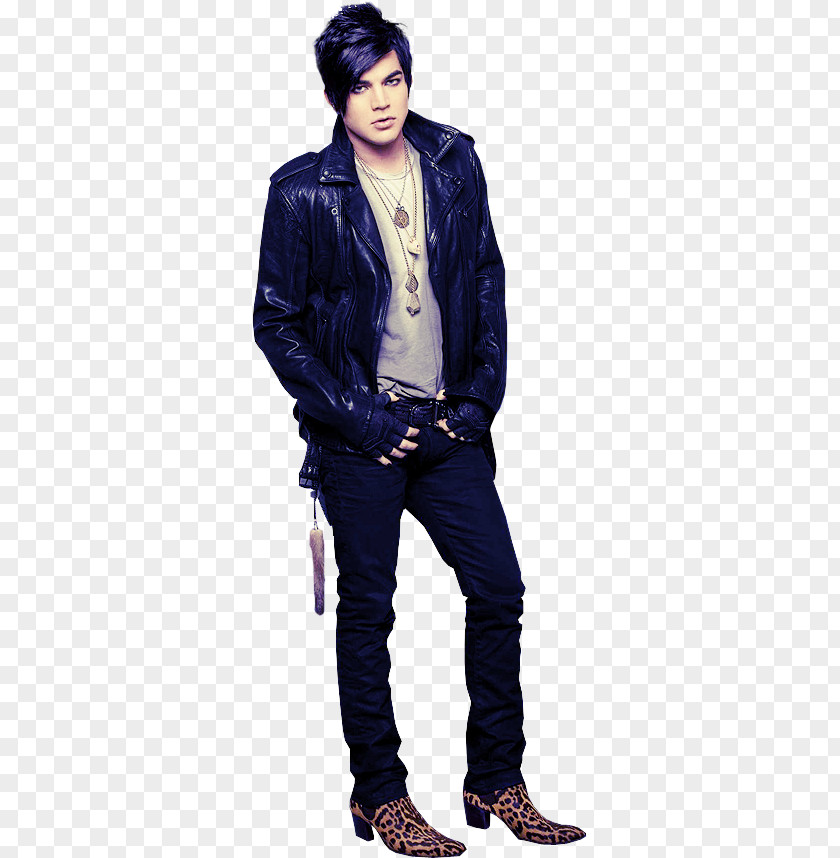 Adam Lambert Leather Jacket Cobalt Blue Denim Jeans PNG