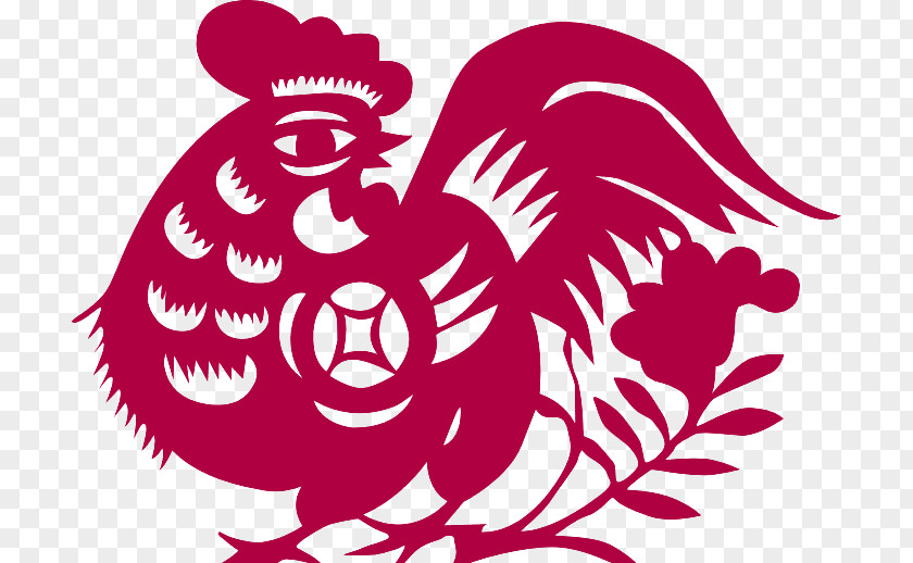 Red Chinese Wind Cock Decoration Pattern Chicken Papercutting Rooster PNG