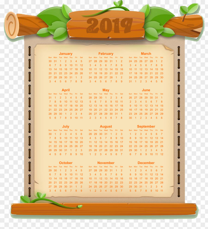 2019 Calendar Vintage Printable Year-Long On Page. PNG