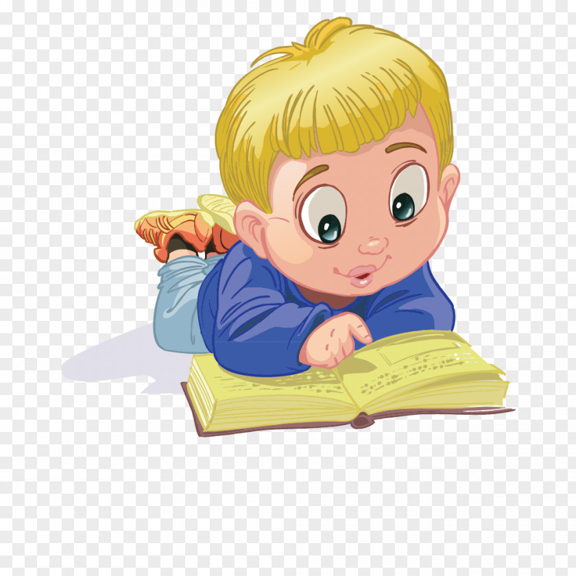 Vector Yellow Hair Blue Tummy Reading Boy Child Cartoon PNG