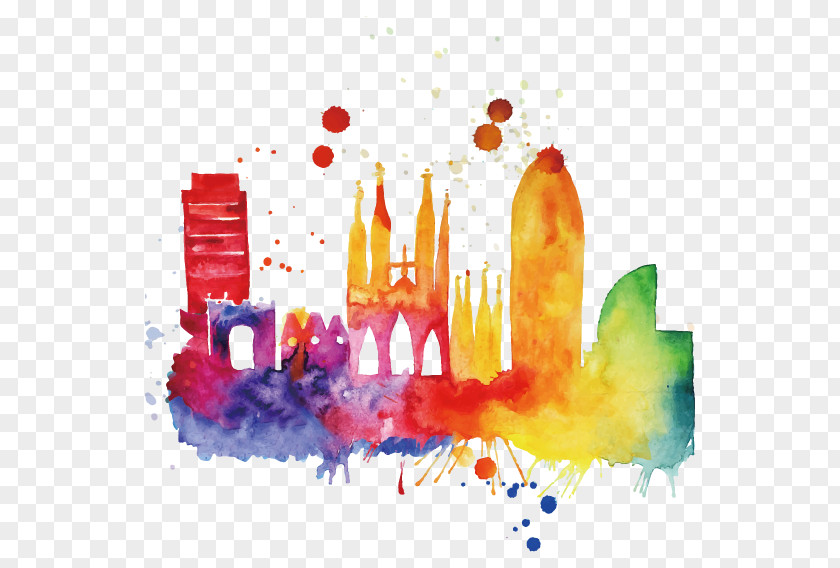 Vector Multicolored Castle Barcelona Skyline Watercolor Painting Cityscape PNG