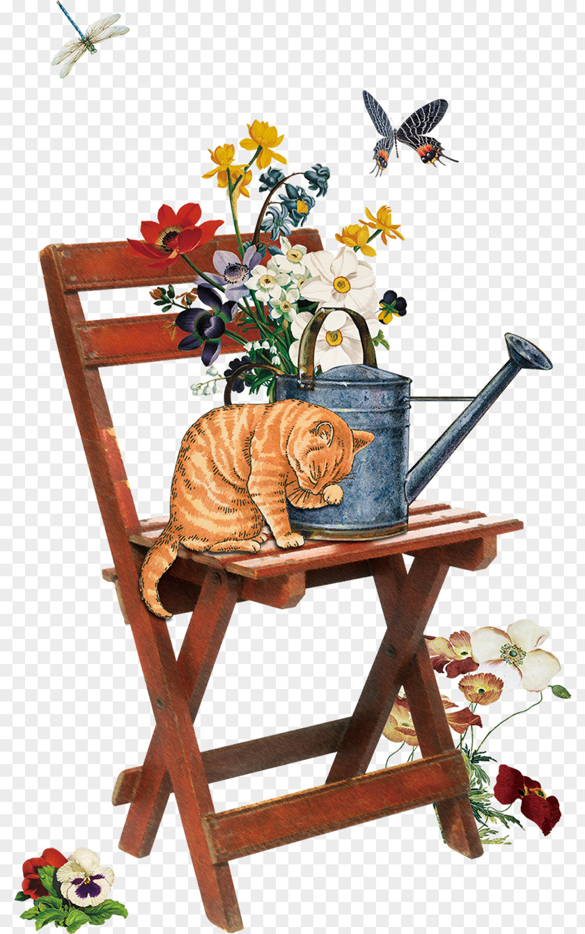 The Yellow Cat In Flowering Bush Poster Illustration PNG