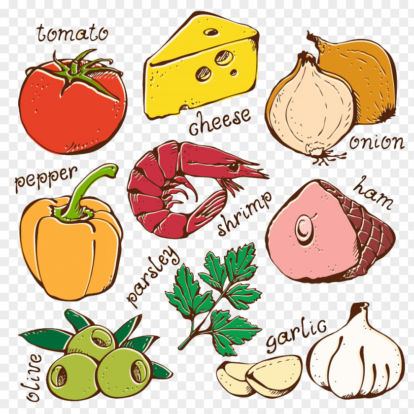 Vector Seafood And Vegetables Pizza Hamburger Ingredient Clip Art PNG