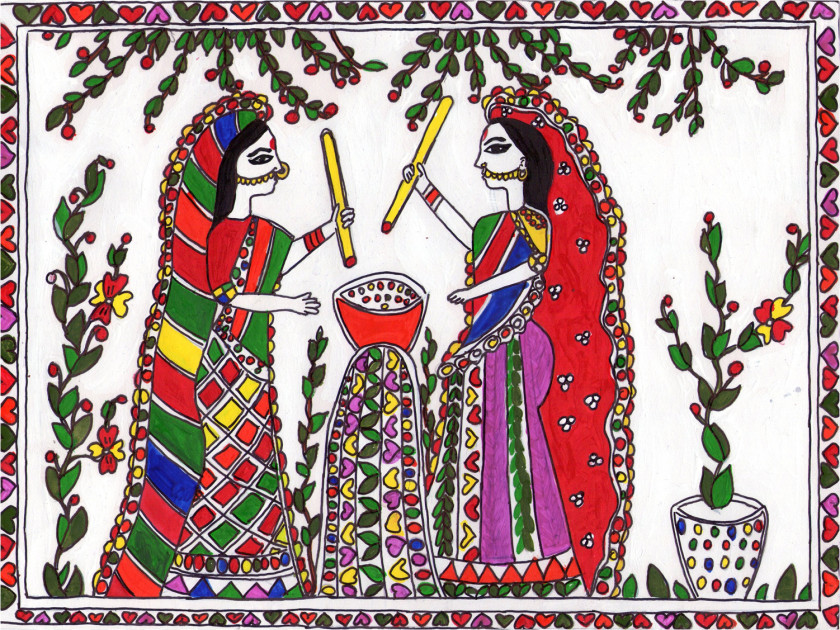 Radha Krishna Madhubani, India Mithila Madhubani Art Painting PNG