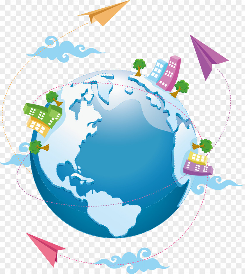 Vector Paper Airplane Around The World Globe Clip Art PNG