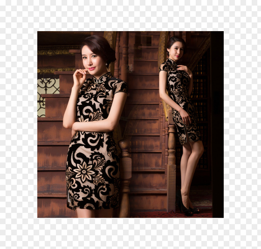CHINESE CLOTH Little Black Dress Cheongsam Velvet Sleeve Mandarin Collar PNG