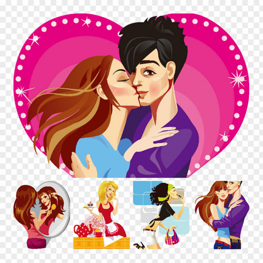 Couple Kissing Men And Women Creative Hand-painted Kiss Illustration PNG
