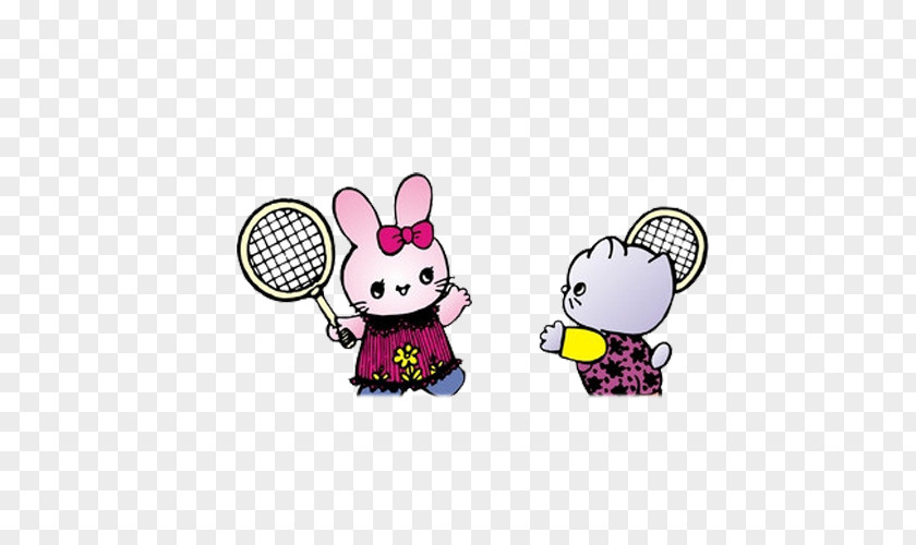 Hand-painted Cartoon Bunny Kitten Creative Badminton Racket PNG