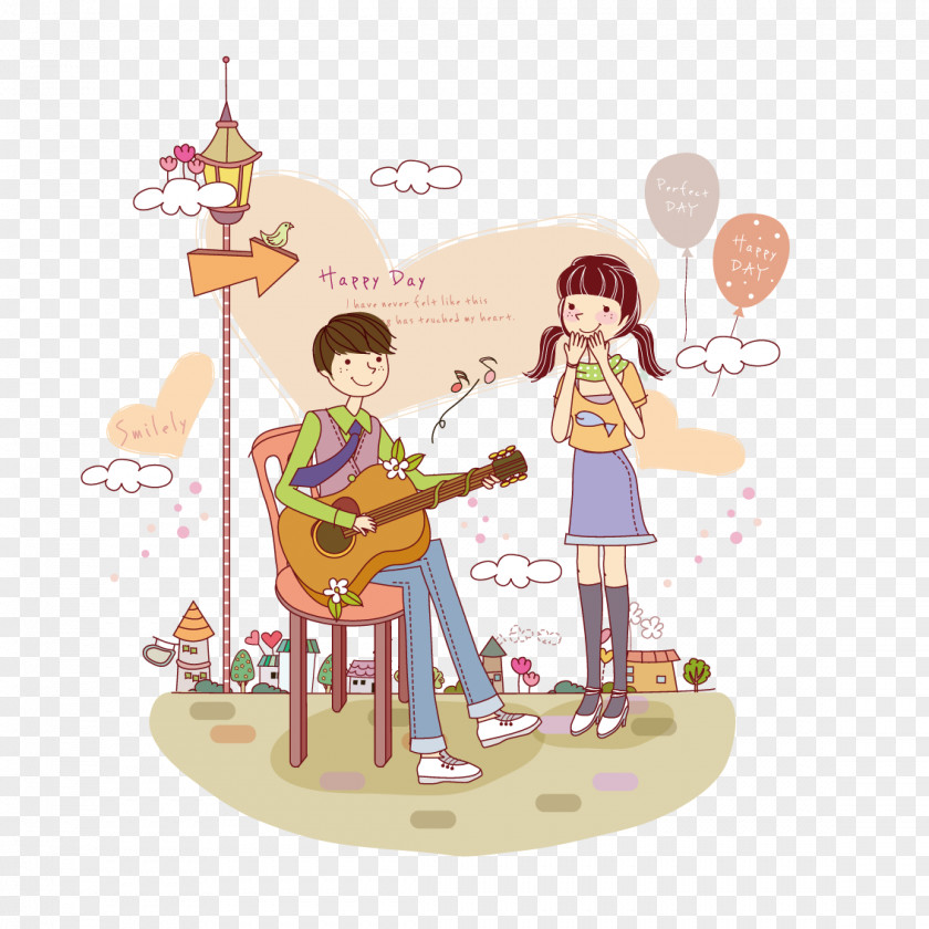 Boy Playing Guitar To His Girlfriend Cartoon Wall Decal Wallpaper PNG