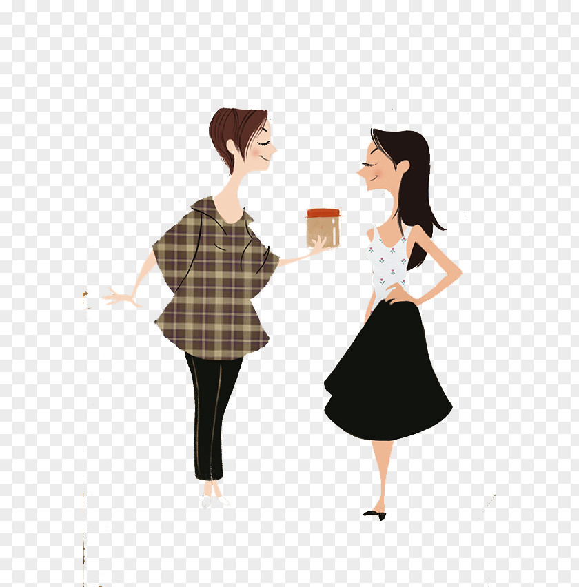 Hand-painted Girlfriends Share Food Cartoon Illustration PNG