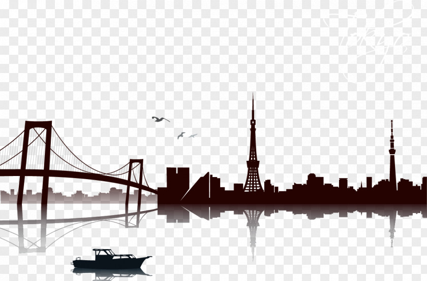 Cartoon Silhouette City Painted Bridge Tokyo Building PNG