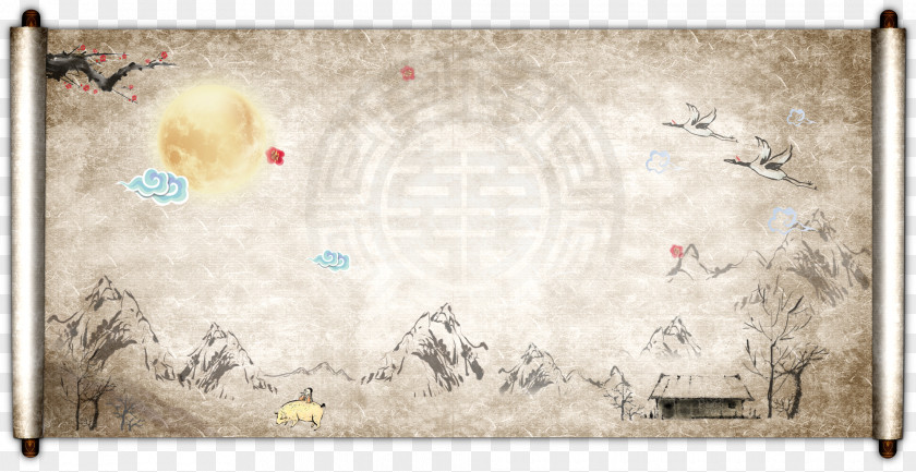 Chinese Wind Retro Reel Sunrise Clouds Mountain Landscape China Ink Adobe Illustrator PNG