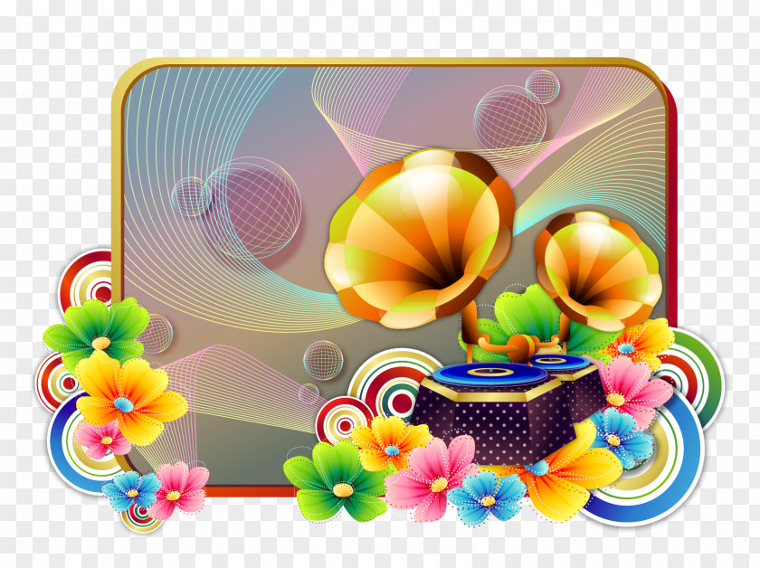 Exquisite Flowers And Gramophone Vector Material PNG