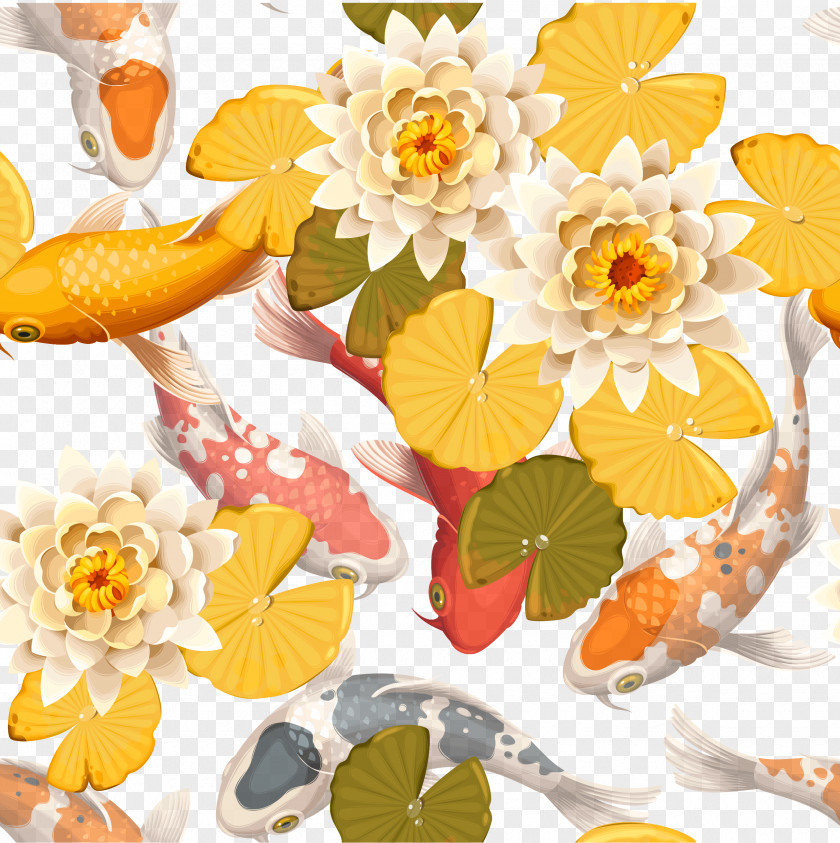 Yellow Carp And Water Lilies Vector Illustration Euclidean PNG