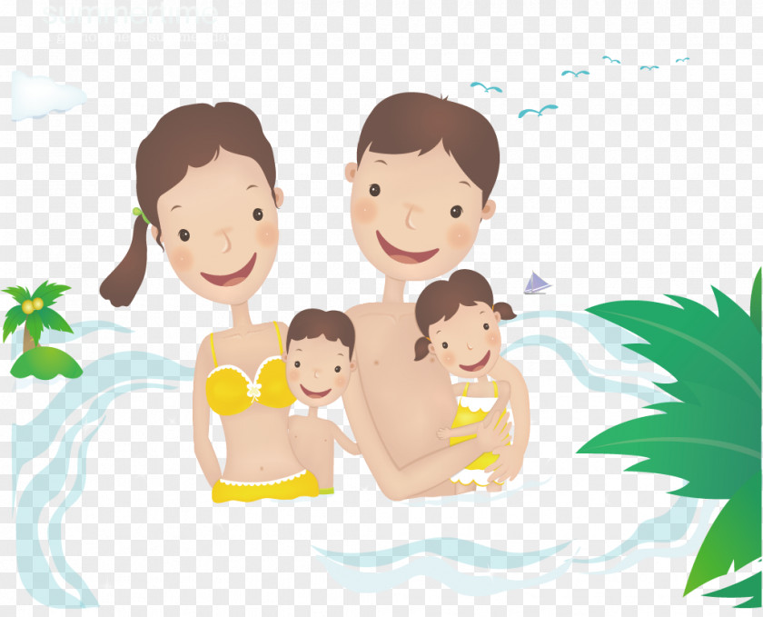 Family Swimming Cartoon Illustration PNG