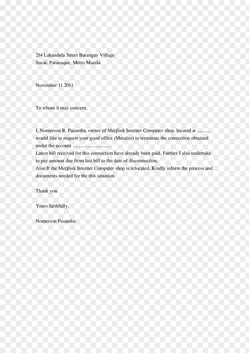 Meralco Letter Of Resignation Template Résumé PNG