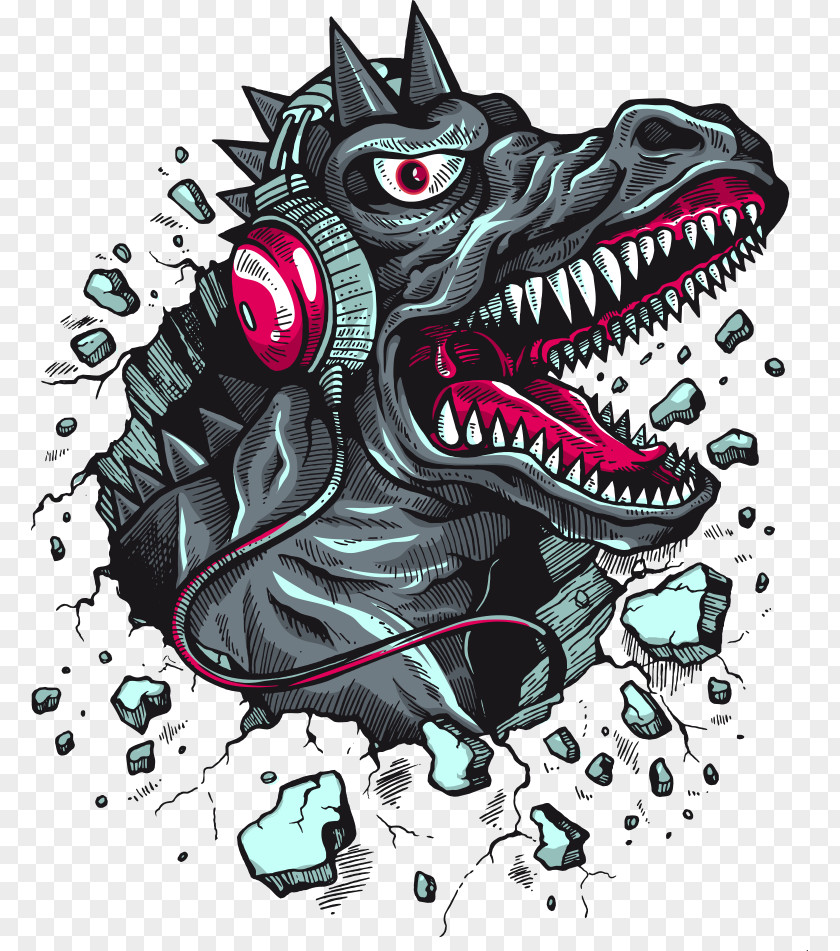Vector Cartoon Dinosaur Prints T-shirt Tyrannosaurus Hoodie Headphones PNG