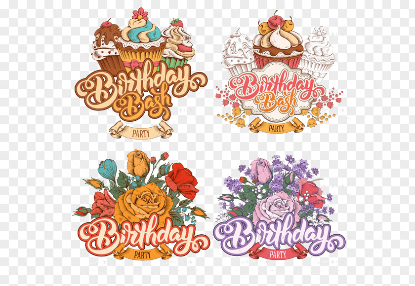 Watercolor Flowers Cupcake Birthday Cake Illustration PNG