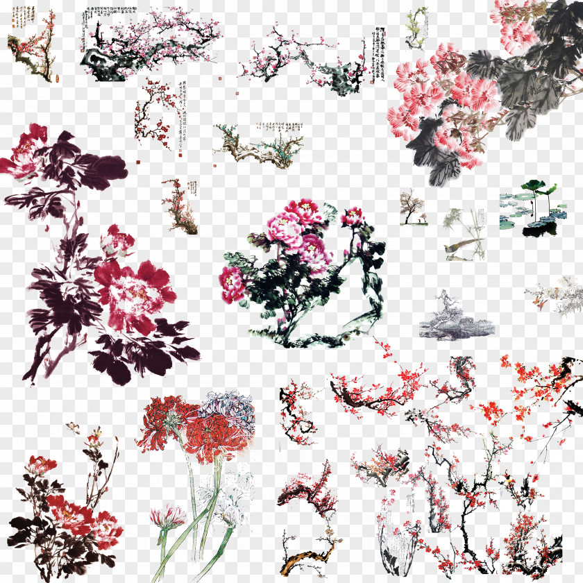 Chinese Painting Flower Collection Ink Brush Wash PNG