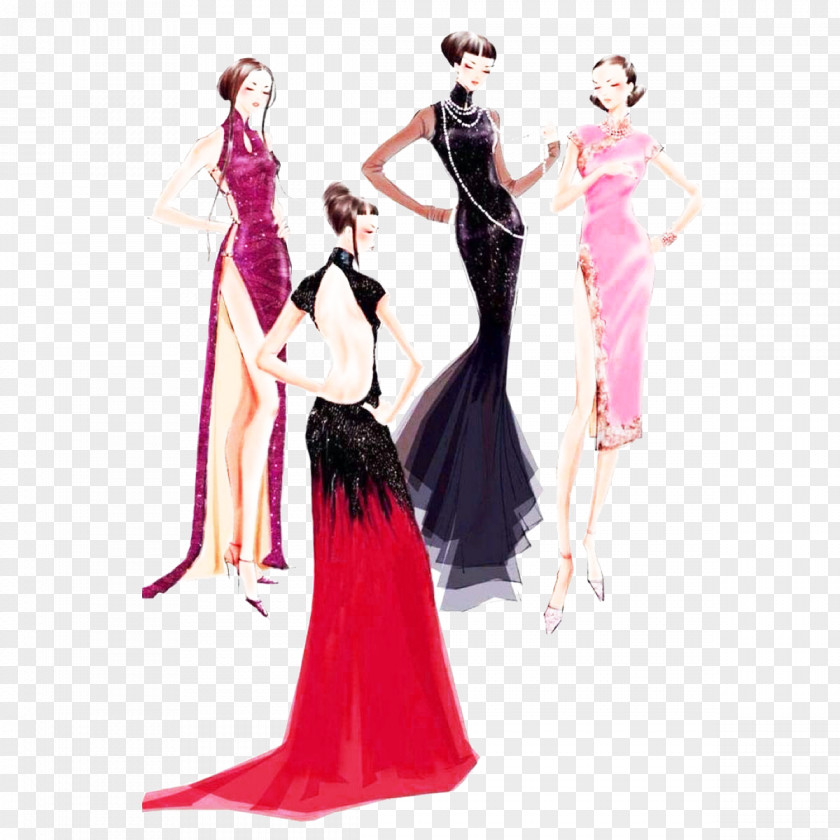 Several Women Wearing Cheongsam Picture Material Formal Wear PNG