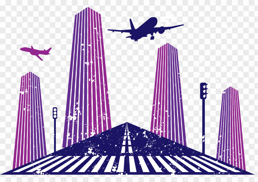 Vector Purple City Airplane Clip Art PNG