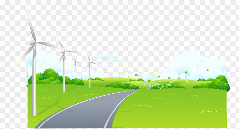 Hand-drawn Cartoon Landscape Road Windmill Grass Outskirts PNG