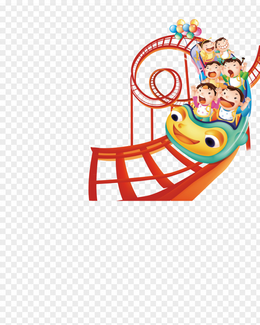 Cartoon Children Play Roller Coaster Amusement Park PNG