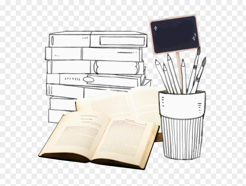 Hand-painted Black And White Pen Modern Books Paper PNG