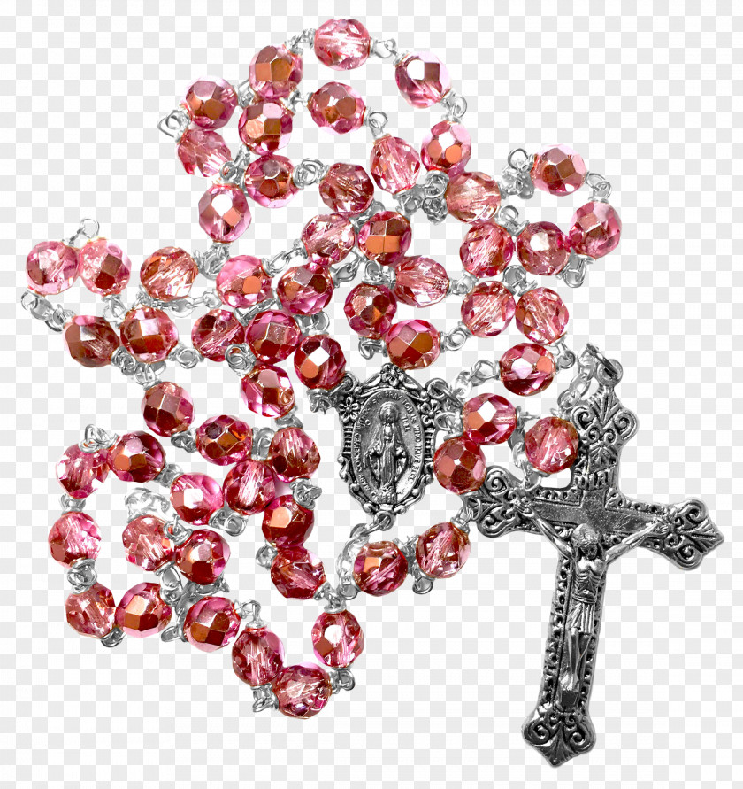 Rosary Miraculous Medal Bead Pink Glass PNG