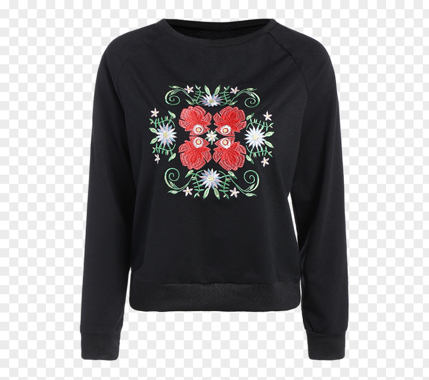 Embroidered Flowers T-shirt Bluza Sleeve Collar Hood PNG