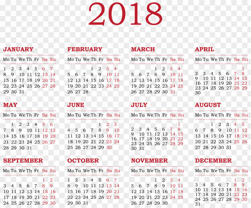 2018 Calendar Transparent Clip Art New Year PNG