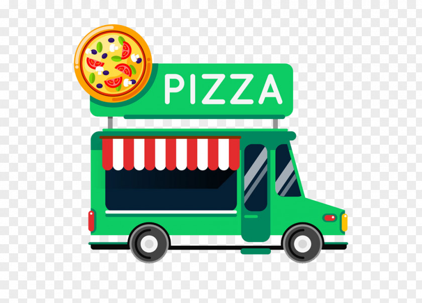 Cartoon Painted Green Pizza Food Truck Fast Car Street PNG