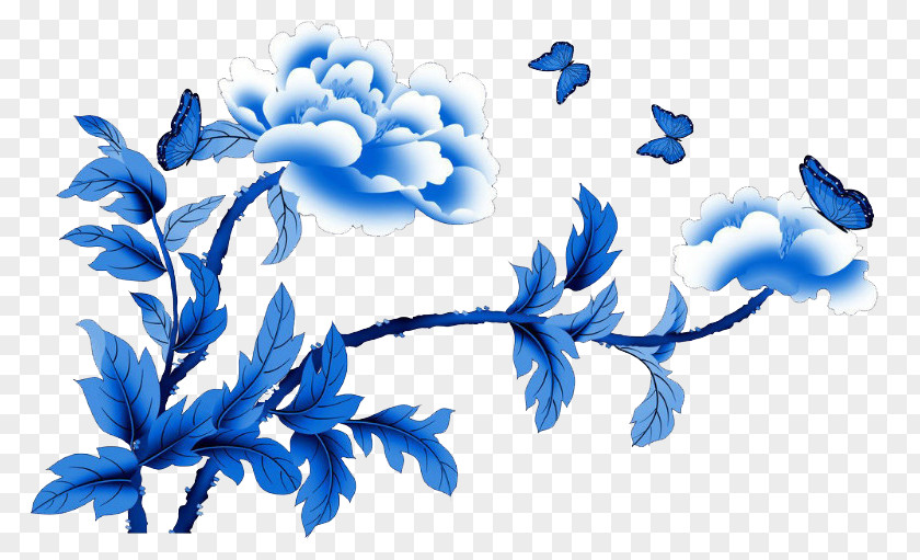 Blue Peony Jingdezhen And White Pottery Motif Clip Art PNG