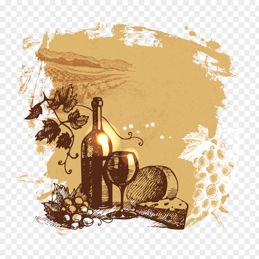Sketch Of Red Wine And Grapes Common Grape Vine Drawing Illustration PNG