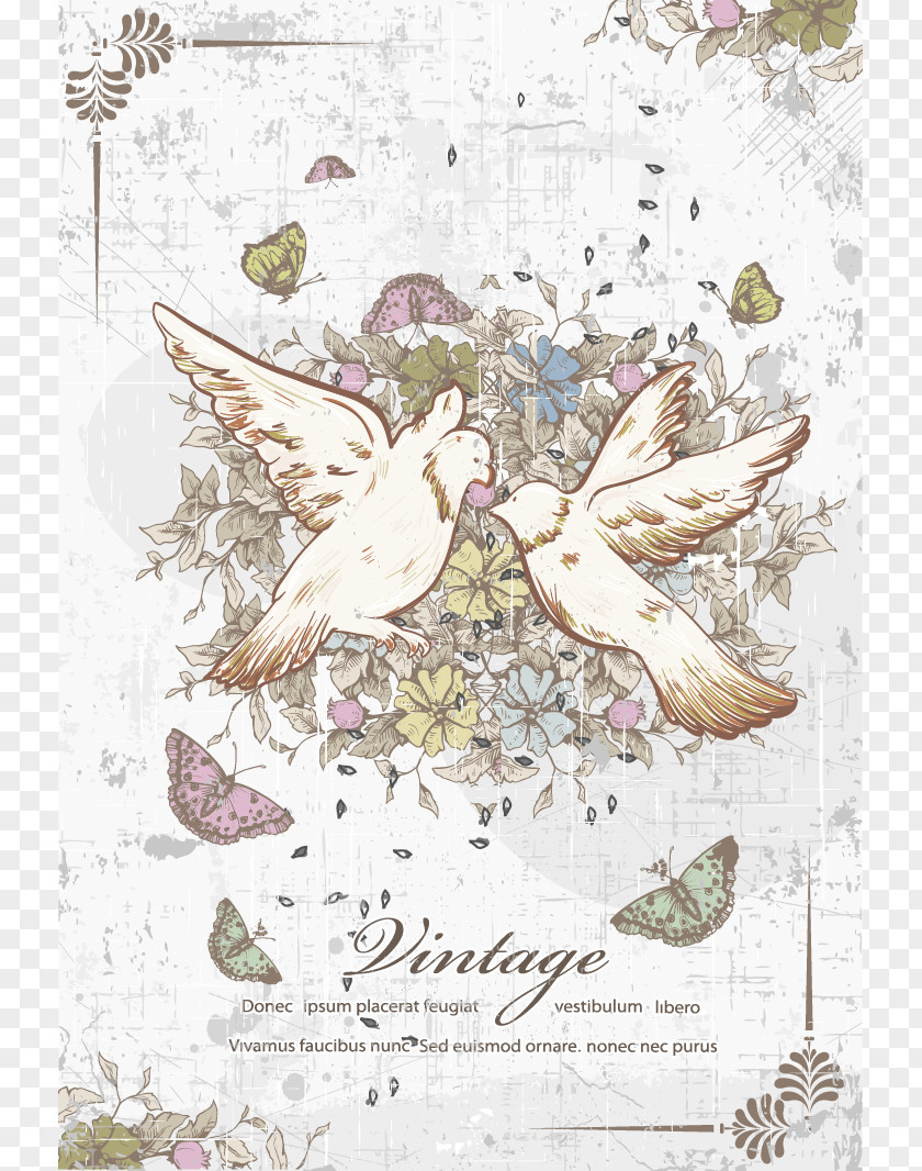 Hand-painted Pattern Pigeon Wedding Invitation Lovebird Vintage Illustration PNG