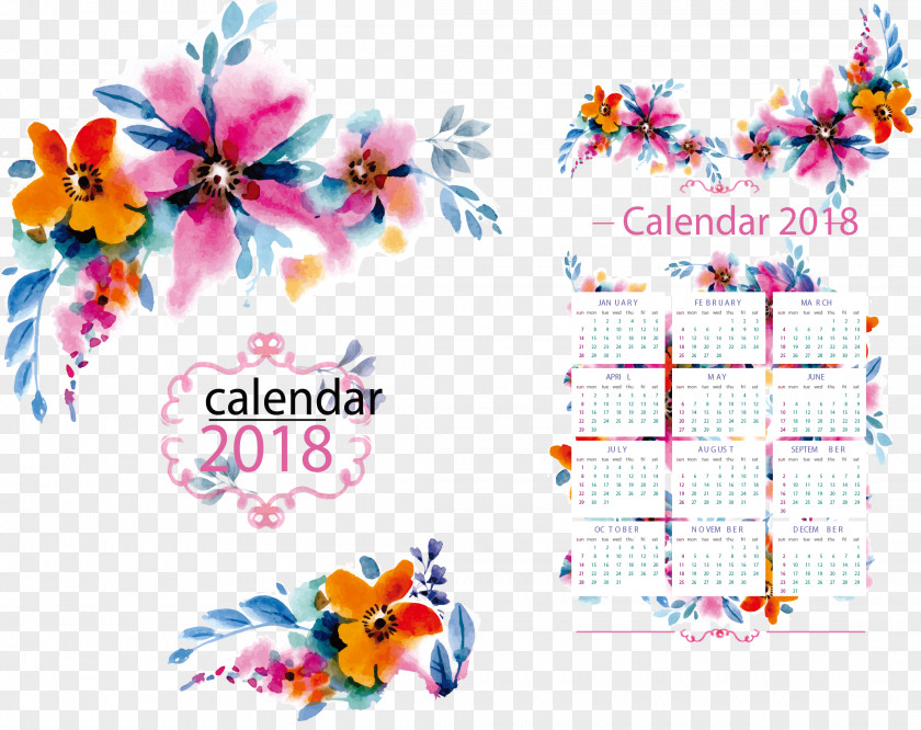 Vector Watercolor Calendar Template Floral Design Flower Pattern PNG