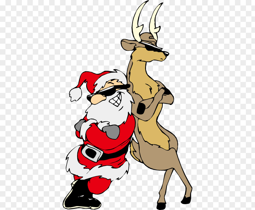 Santa Claus With Sunglasses And Mascot Reindeer Christmas Clip Art PNG