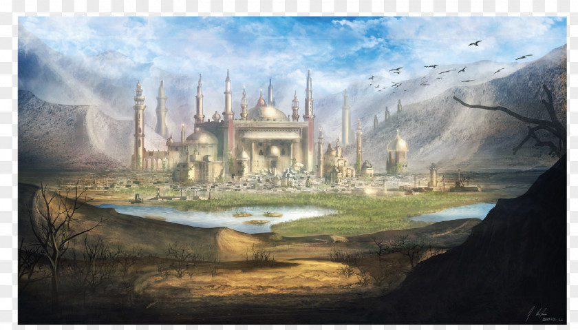Taj Mahal Oasis Landscape Art Fantasy Wallpaper PNG