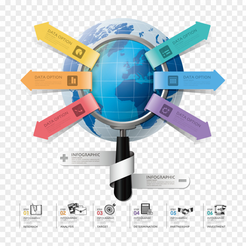 Vector Magnifying Glass Globe And Arrows Infographic Diagram Chart Business PNG