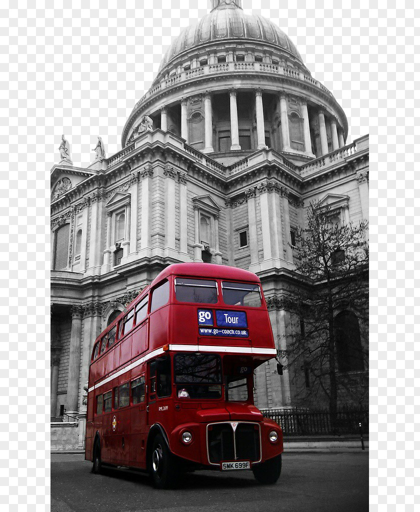 London Red Bus And European Architecture Steeple St Pauls Cathedral Millennium Bridge, Double-decker AEC Routemaster PNG
