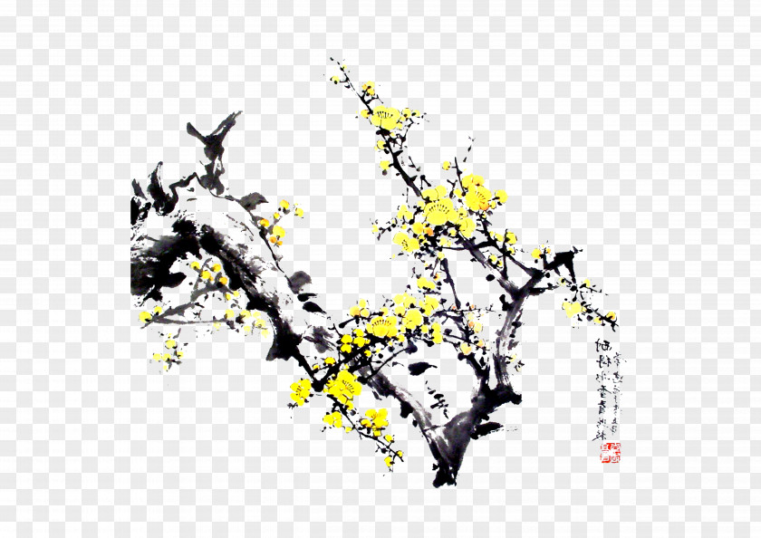 Plum Flower Ochna Integerrima Lunar New Year Ink Wash Painting PNG