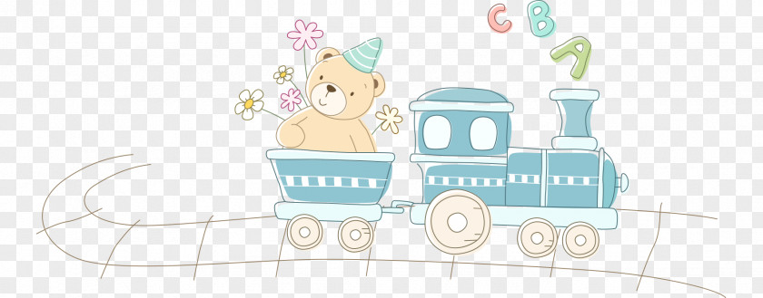 Bear Cartoon Hand-painted Blue Train Ride Illustration PNG